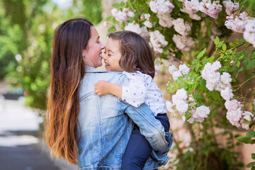 Mother and little handsome baby boy on her arms looking at bush with white roses in old french city