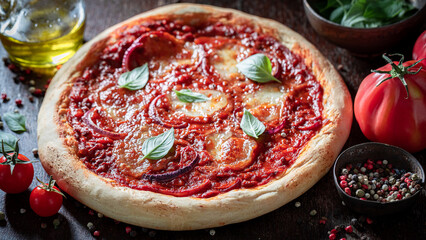 Spicy pizza Pugliese made of tomatoes, meat, onion and basil.