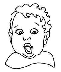 New born sweet baby face emotions. Little happy child surprised with open mouth. Hand drawn character illustration. Retro vintage comic cartoon line style drawing.