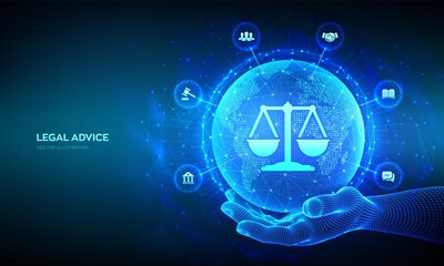 Labor law, Lawyer, Attorney at law, Legal advice concept. Internet law as digital online legal services. World map point and line composition. Earth planet globe in wireframe hand. Vector. EPS10.