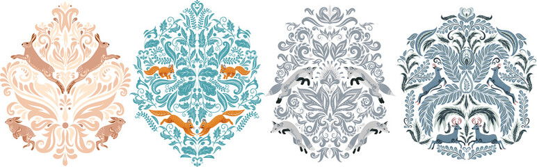 Compositions of ornaments in the Damascus style with animals and plants. Squirrels, foxes, deer, hares. A modern interpretation of the luxurious Damask ornament. Design for T-shirts, postcards, logos.