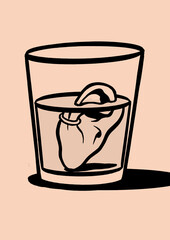 Ink brush illustration of ear in glass of water with refraction on Salmon paper with texture and grain