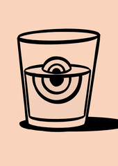 Ink brush illustration of eye in glass of water with refraction on Salmon paper with texture and grain
