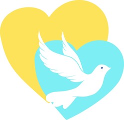 Beautiful hand drawn yellow and blue hearts with dove bird. Vector illustration art card.