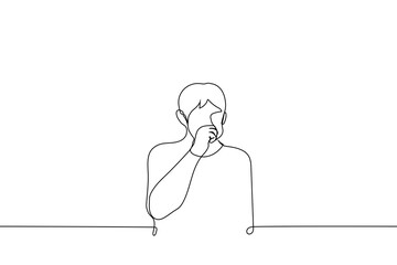 man with full or pouted cheeks put his fist to his mouth - one line drawing vector. concept, coughing, choking, hiding that you are chewing; eat food in a prohibited place