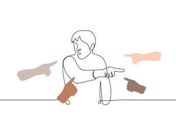 man is surrounded by people pointing fingers at him, man himself is pointing finger at someone denying accusations - one line drawing vector. concept culture of cancellation, accusations, censure