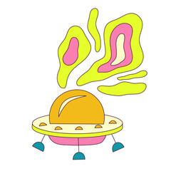 Trippy ufo in cartoon style isolated on white background. Hippy rave groovy style y2k. Doodle vector illustration. Vector crazy illustration.