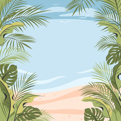 Fototapeta na wymiar Tropical Beautiful Beach. Frame template for banners with different leaves palm against the background of the ocean or sea . Travelling, summer vacation concept, tourism, summer holiday. Vector illus