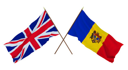 Background for designers, illustrators. National Independence Day. Flags The United Kingdom of Great Britain and Northern Ireland and Moldova