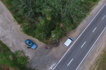 Severe accident. Traffic accidents on the road. View from above. The car got into an accident....