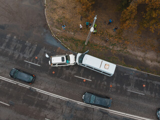 Severe accident. Traffic accidents on the road. View from above. The car got into an accident. Traffic jam.