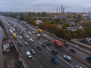 Severe accident. Traffic accidents on the road. View from above. The car got into an accident....