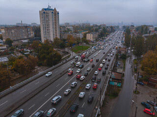 Obraz premium Severe accident. Traffic accidents on the road. View from above. The car got into an accident. Traffic jam.