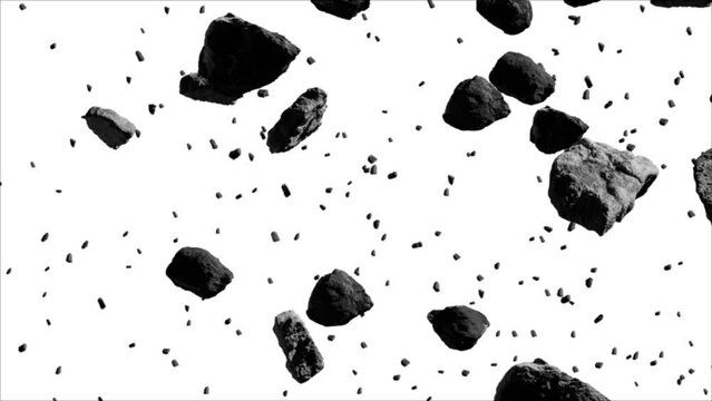 Seamless loop video. Asteroid belt. Swarm of asteroids isolated on white background. 3d space banner 4k HD stock footage