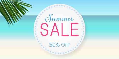Summer sale announcement banner. lettering. beach, tropical plants, sea,