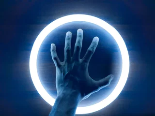 Foto op Plexiglas hands with a round blue light, logo © Chrish