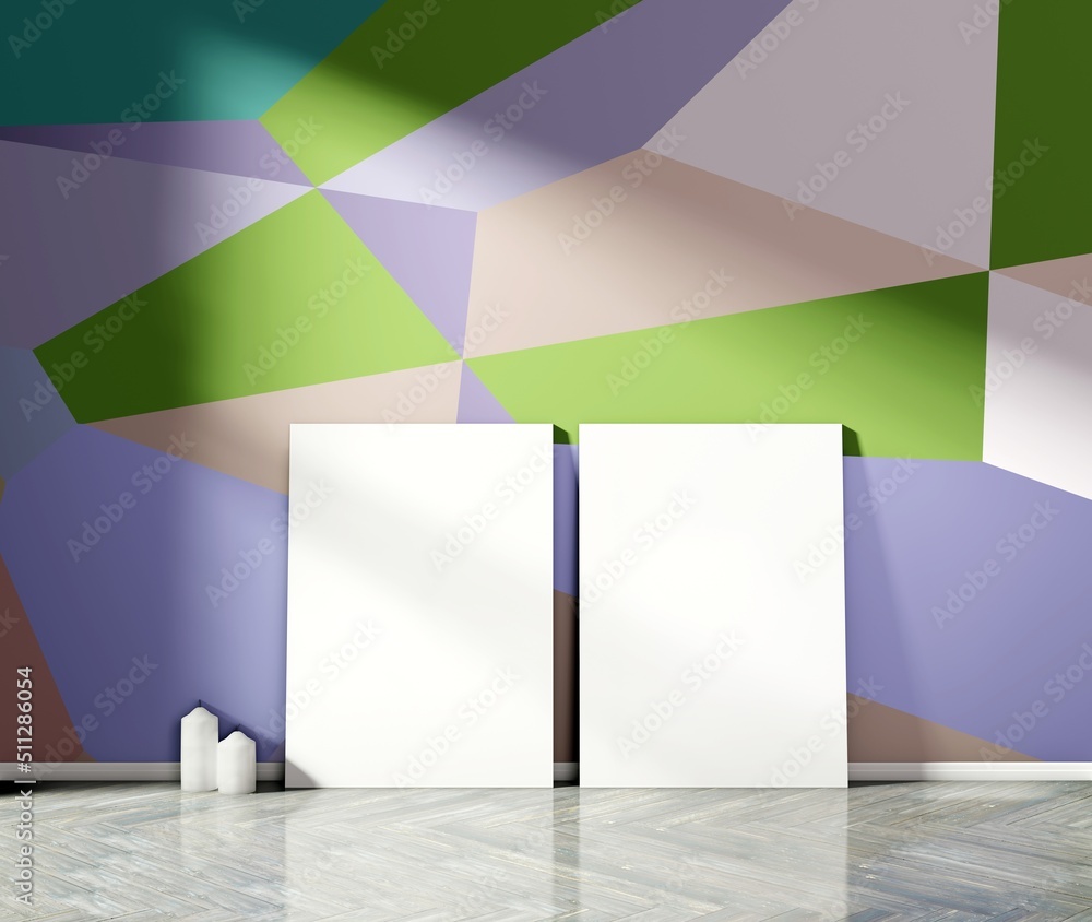 Wall mural Two empty vertical frames on the floor with sunlight from a window. Template for pictures and lettering. 3D rendering