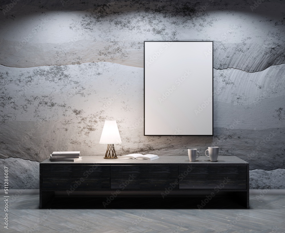 Wall mural Stone wall with an empty frame template. Night scene interior. Table with lamp. 3D rendering