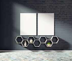 Two frames on the black wall. Template for pictures and lettering. Wooden floor. 3D rendering