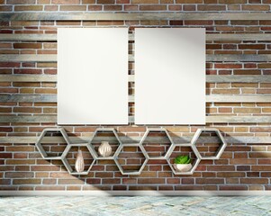 Two empty frames on the brick wall with planks. Poster template without canvas. Vertical white frames. Wooden floor and hexagonal shelves. 3D rendering