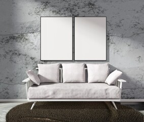 Two empty frames template. Posters for pictures and lettering. Interior with empty white frame on the wall with white couch. Stone wall. 3D rendering