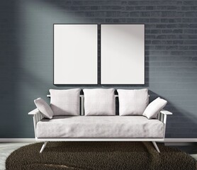 Two empty frames above white couch. Black wall background. 3D rendering