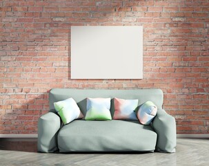Empty frame template. Poster for pictures and lettering. Interior with empty white frame on the brick wall. Couch with pillows. 3D rendering