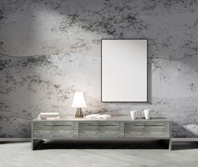Vertical frame on the stone wall above wooden table. Template for pictures and images. 3D rendering