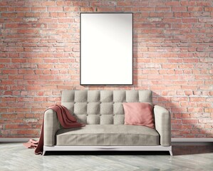 Frame template on the brick wall above the couch with pillow and plaid. Vertical poster for pictures and lettering. 3D rendering