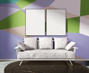 Two empty frames template. Posters for pictures and lettering. Color wall. Interior with empty white frame on the wall with white couch. 3D rendering