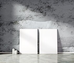 Empty vertical posters in a front of stone wall. Wooden parquet floor with candles. 3D rendering