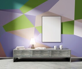 Vertical frame above the table with lamp. Color wall with sunlight. 3D rendering