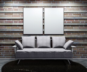 Two empty frame templates on the wall above couch with pillows. Brick wall with wooden planks. 3D rendering
