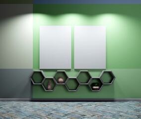 Two frames on the green wall above the couch with pillows. Template for pictures and photos. Spotlight from the top. 3D rendering