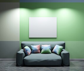 Empty frame template above couch. Green wall with spotlights. 3D rendering