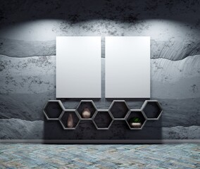Two vertical poster template on the stone wall above the shelves. Template for images and photos. 3D rendering