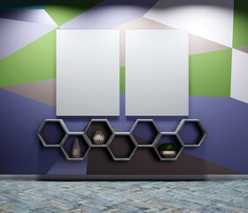 Vertical frames in the modern interior with spotlights. Template for pictures and images. 3D rendering