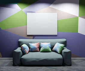 Horizontal frame template above couch with pillows. Spotlights from a top. Poster template for photos and lettering. 3D rendering