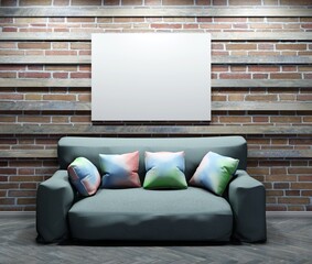 Poster template on the brick wall with wooden planks. Sofa with pillows. 3D rendering