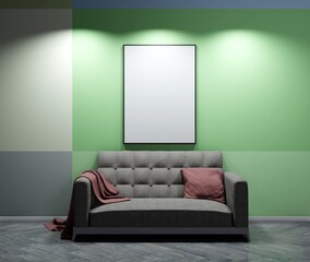 Vertical empty frame for pictures and lettering. Couch with a plaid. 3D rendering