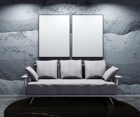Two empty canvas templates above the couch. Stone wall background. Spotlight from a top. 3D rendering