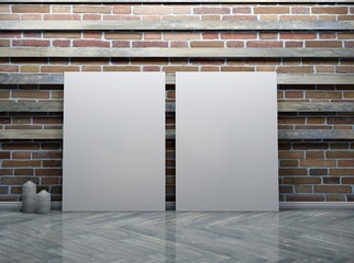 Two empty frame templates. Poster for pictures and lettering. Night interior with spotlights. 3D rendering