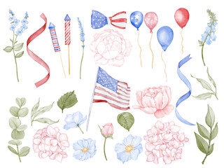 set of festive attributes for US Independence Day.