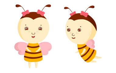 Cute friendly bee in two poses. Cartoon happy bee. Insect character. Vector children illustration.