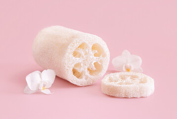 Loofah sponge near white orchid flowers on light pink close up. Skincare product