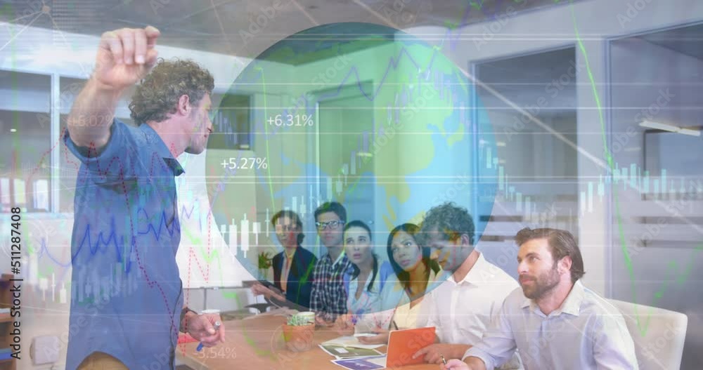 Poster statistical data processing over a globe against caucasian man giving a presentation at office