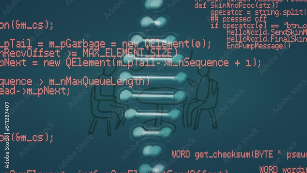Poster dna structure and data processing over two people having a conversation icon on blue background