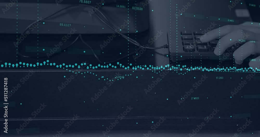 Poster statistical data processing against close up of hands using keyboard
