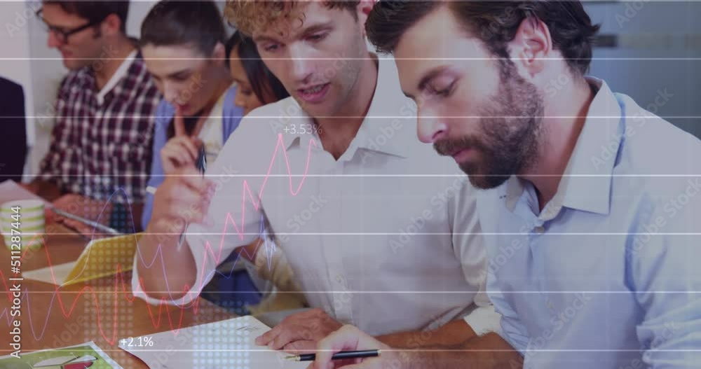 Poster statistical data processing against two caucasian men discussing at office