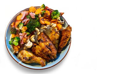 Grilled chicken with vegetables. White background.